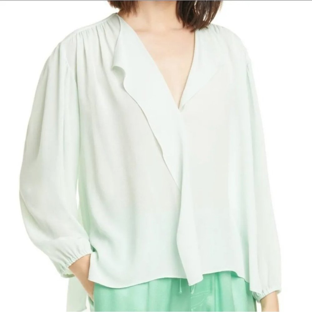 SOLD VINCE Shirred Long Sleeve Silk Blouse Color Sea Foam Top Size XL